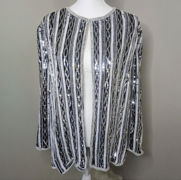Papell Boutique Jackets & Blazers - Papell Boutique Vintage 80s Black & Silver Beaded Sequin Silk Evening Jacket